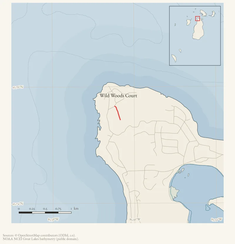 Locator map: Wild Woods Court highlighted within the Beaver Island archipelago