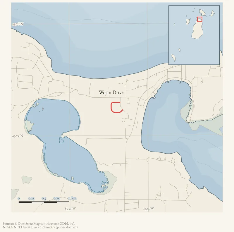 Locator map: Wojan Drive highlighted within the Beaver Island archipelago