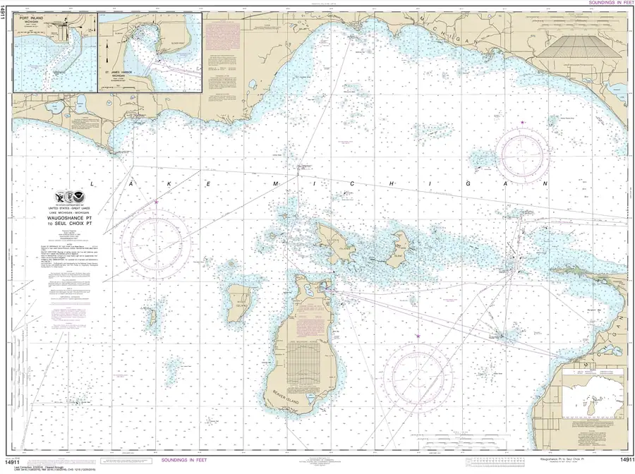 Nautical chart showing coastlines, depth soundings, navigation markers, compass roses, and inset harbor charts.