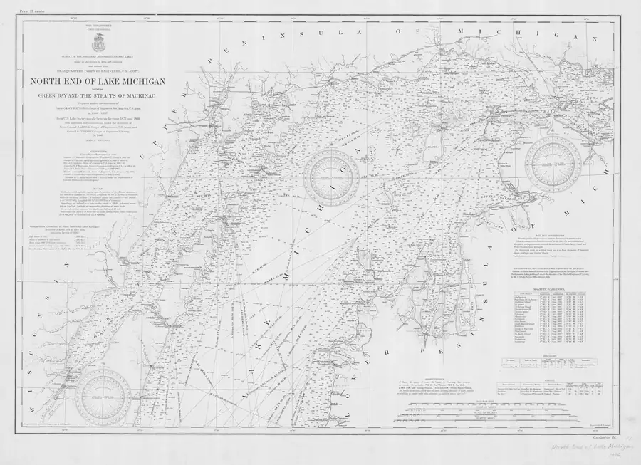 Nautical chart showing coastlines, waterways, soundings, compass roses, and navigation routes.