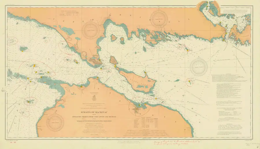 Historical chart: Straits Of Mackinac With The Approches Thereto From Lakes Huron And Michigan And The Entrance By The Detour Passage To The St Marys River, held by NOAA Office of Coast Survey, 1908.