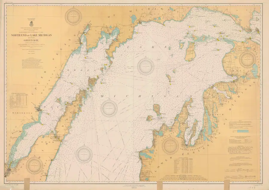 Historical chart: North End Of Lake Michigan Including Green Bay, held by NOAA Office of Coast Survey, 1908.