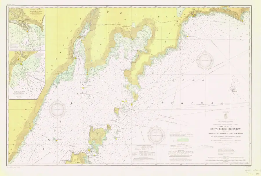 Historical chart: North End Of Green Bay Including Northwest Shore Of Lake Michigan, From Seul Choix Pt. To Porte Des Morts Passage ., held by NOAA Office of Coast Survey, 1910.