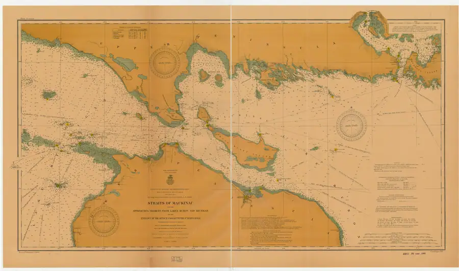 Historical nautical chart showing connected waterways, shorelines, depth soundings, navigation lines, and compass roses.