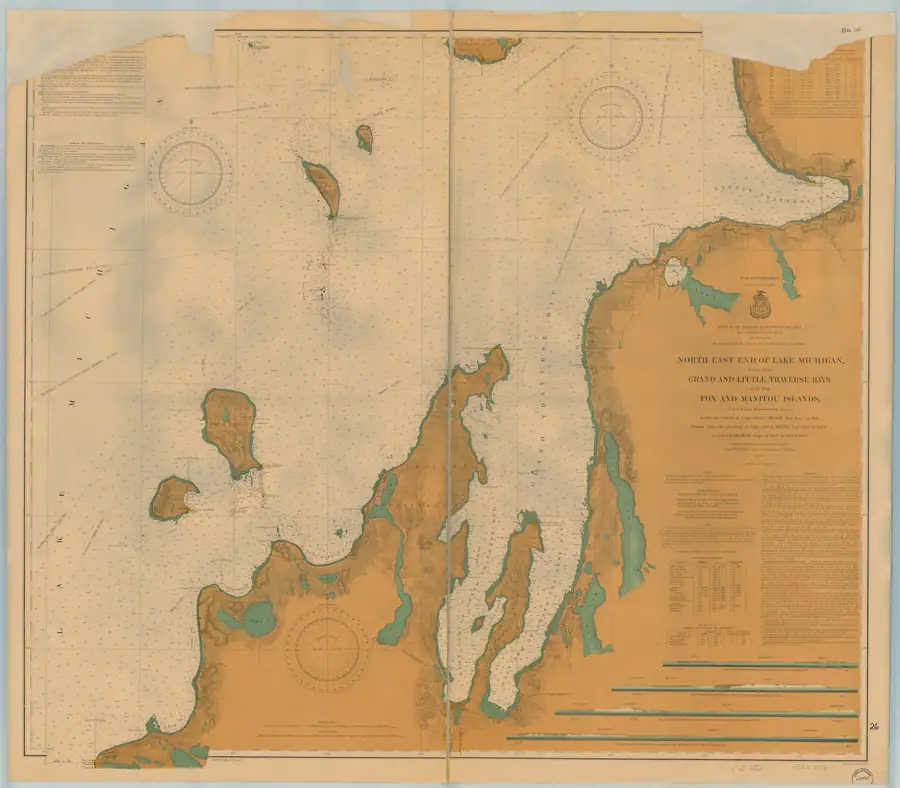 Colored nautical chart showing coastlines, islands, waterways, depth soundings, compass roses, and navigational notes.