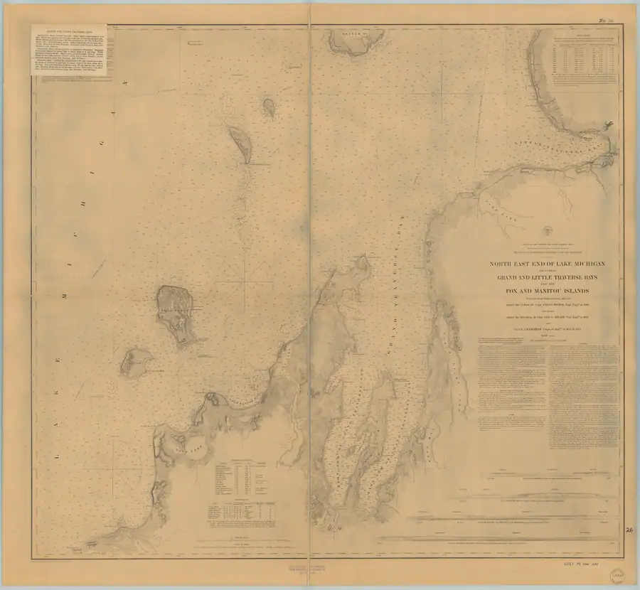 Nautical chart with coastlines, depth soundings, navigation notes, and compass roses.