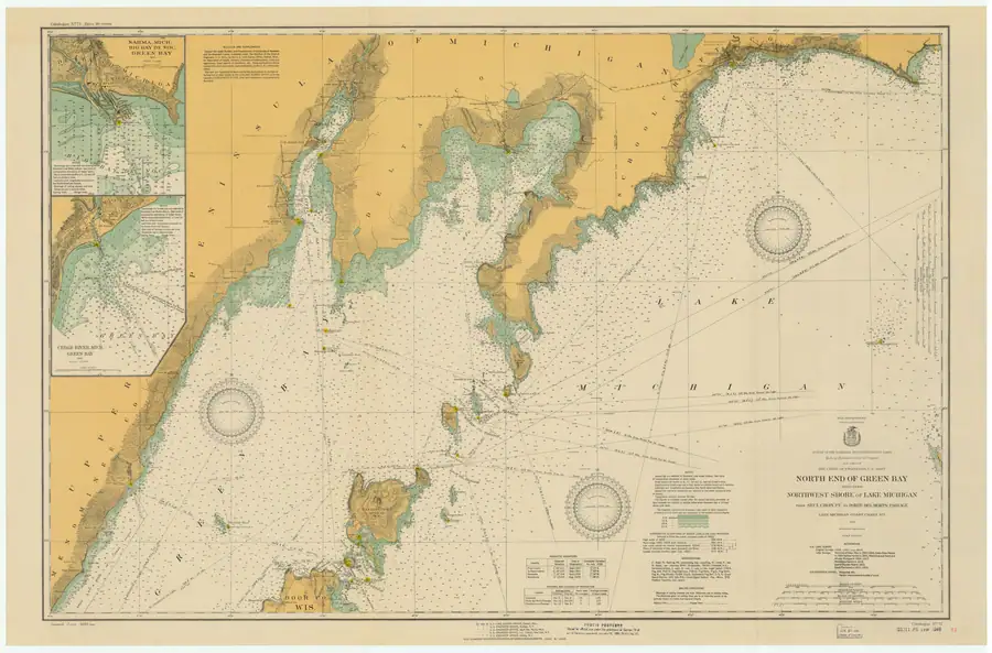 Nautical chart showing coastlines, depth soundings, navigation marks, compass roses, and inset harbor plans.