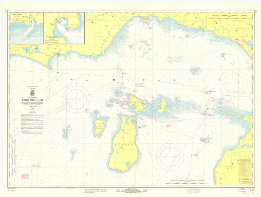Nautical chart showing a broad coastal region with depth soundings, navigational markings, and inset harbor plans.