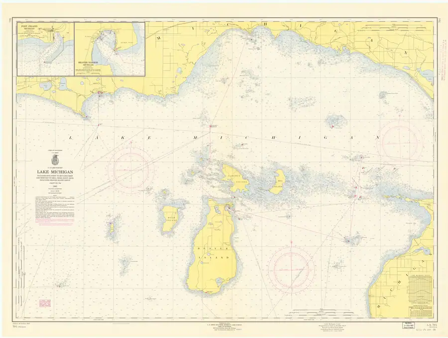 Nautical chart showing coastlines, islands, reefs, depth soundings, navigation marks, and inset harbor plans.