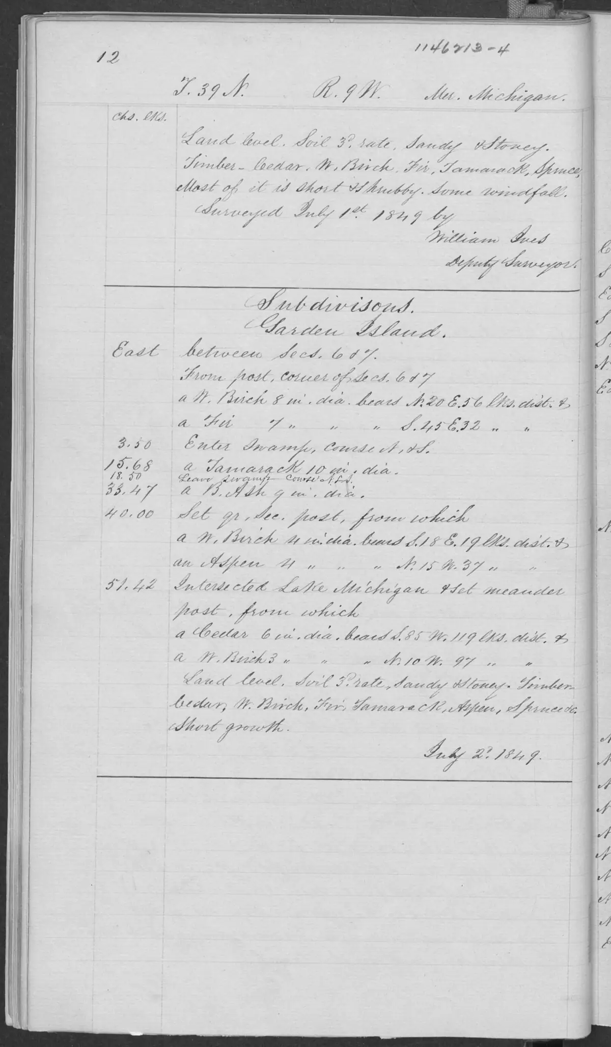 Scanned page: field note volume 168138 page 0012 garden island survey, held by Bureau of Land Management, General Land Office Records.