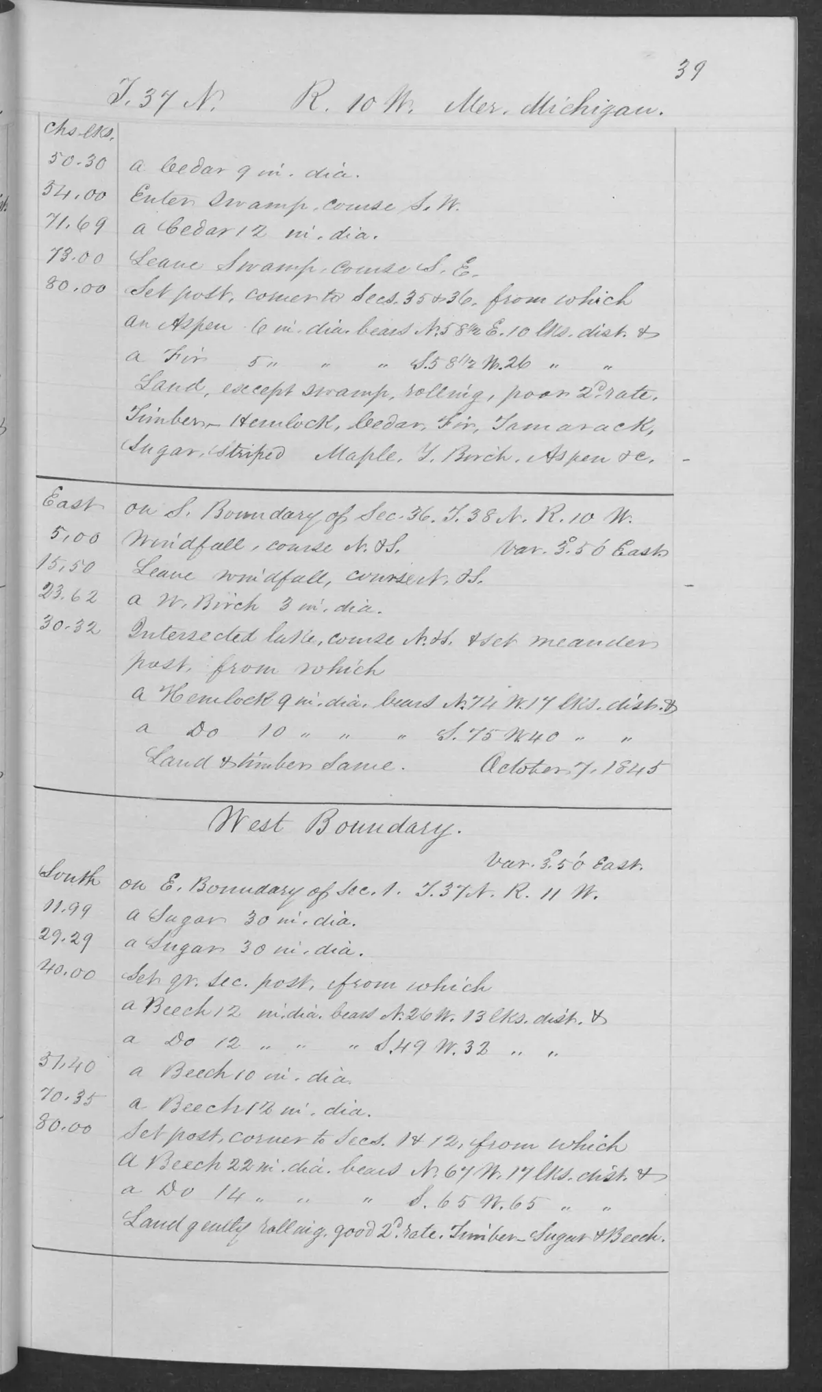 Scanned page: field note volume 168138 page 0039 big beaver island survey, held by Bureau of Land Management, General Land Office Records.