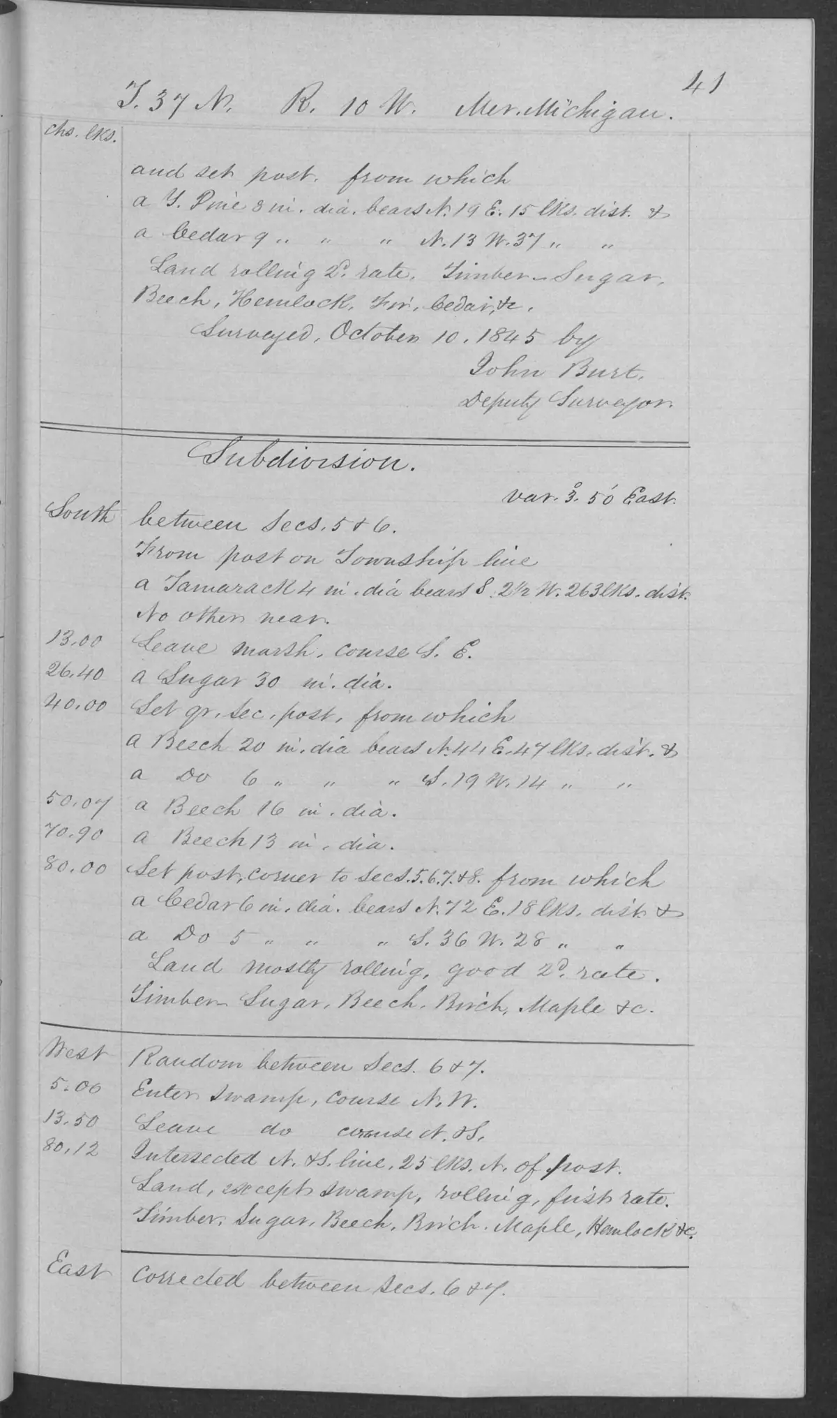 Scanned page: field note volume 168138 page 0041 big beaver island survey, held by Bureau of Land Management, General Land Office Records.