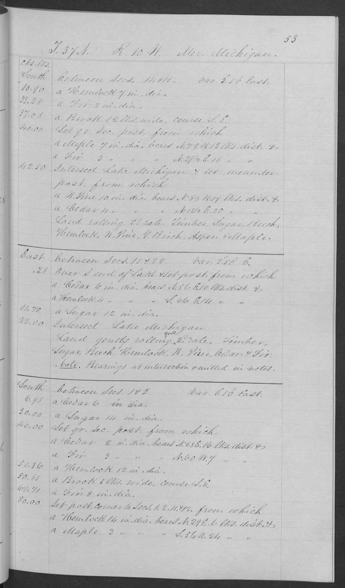 Scanned page: field note volume 168138 page 0053 big beaver island survey, held by Bureau of Land Management, General Land Office Records.