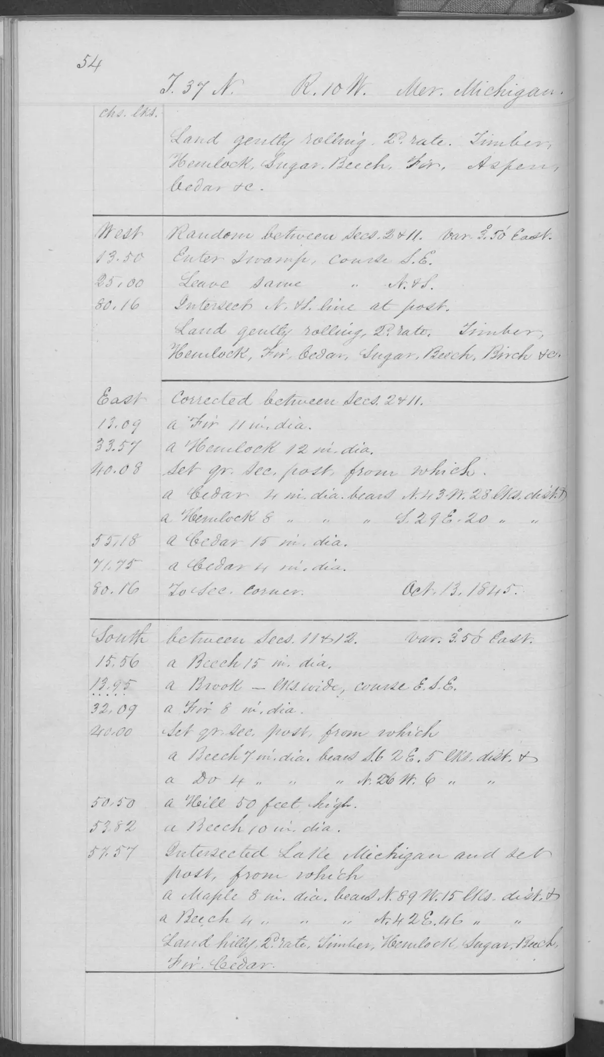 Scanned page: field note volume 168138 page 0054 big beaver island survey, held by Bureau of Land Management, General Land Office Records.