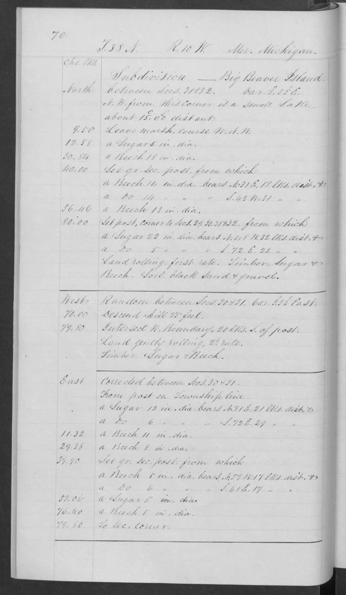 Scanned page: field note volume 168138 page 0070 big beaver 1845, held by Bureau of Land Management, General Land Office Records.