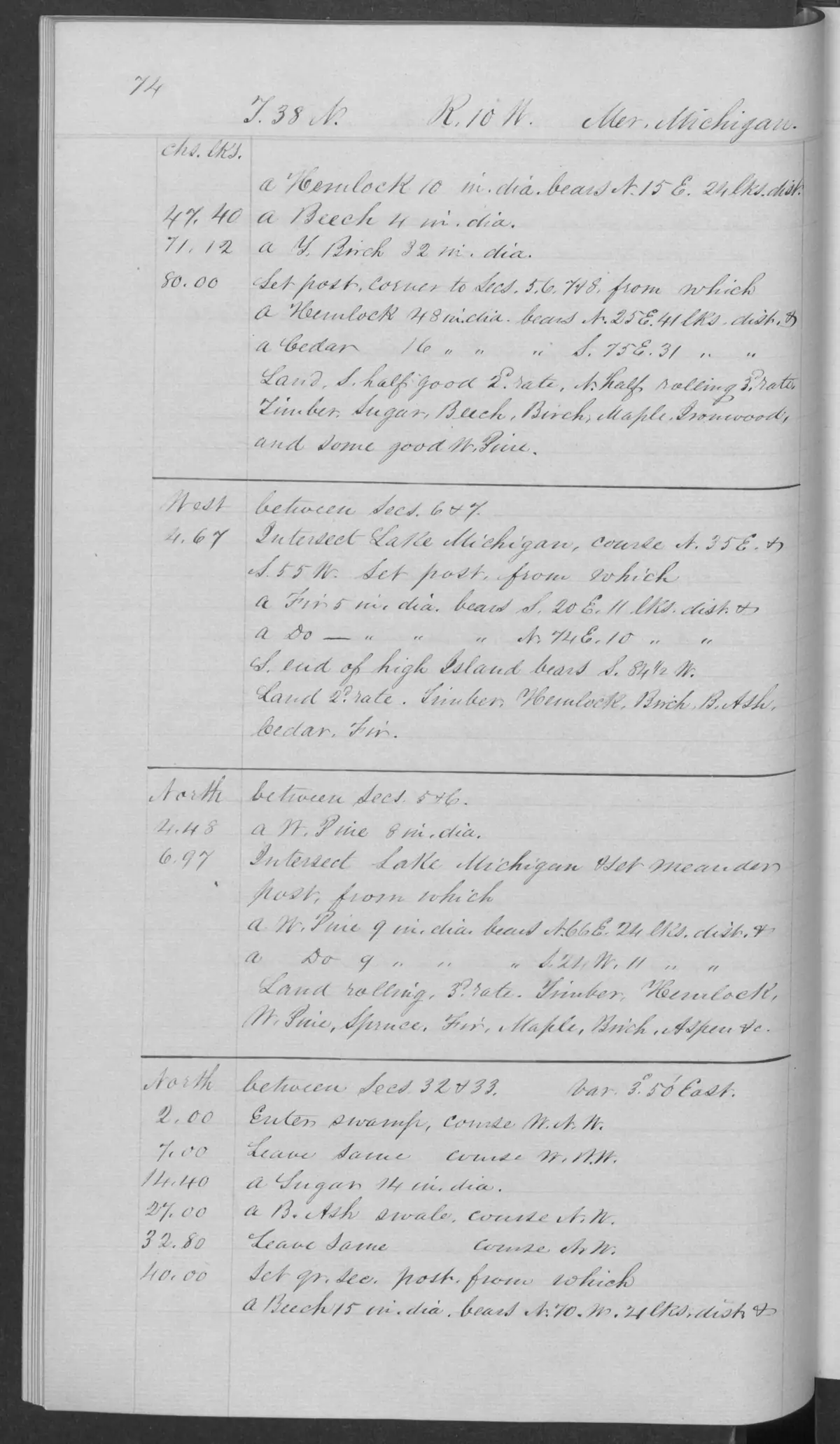 Scanned page: field note volume 168138 page 0074 big beaver 1845, held by Bureau of Land Management, General Land Office Records.