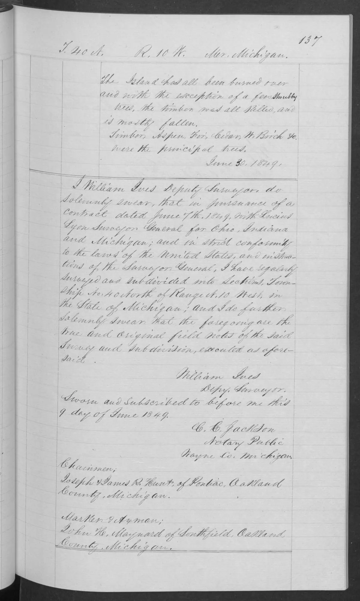 Scanned page: field note volume 168138 page 0137 squaw island general description, held by Bureau of Land Management, General Land Office Records.