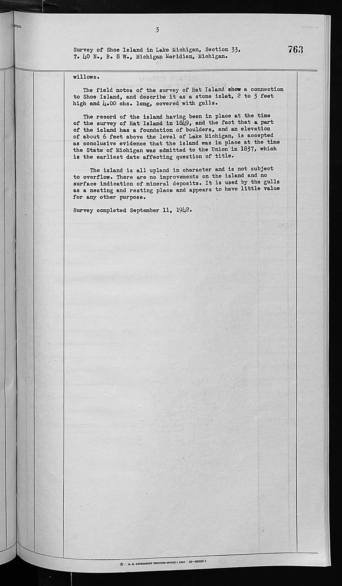 Scanned page: field note volume 276017 page 0763 shoe island general description, held by Bureau of Land Management, General Land Office Records.
