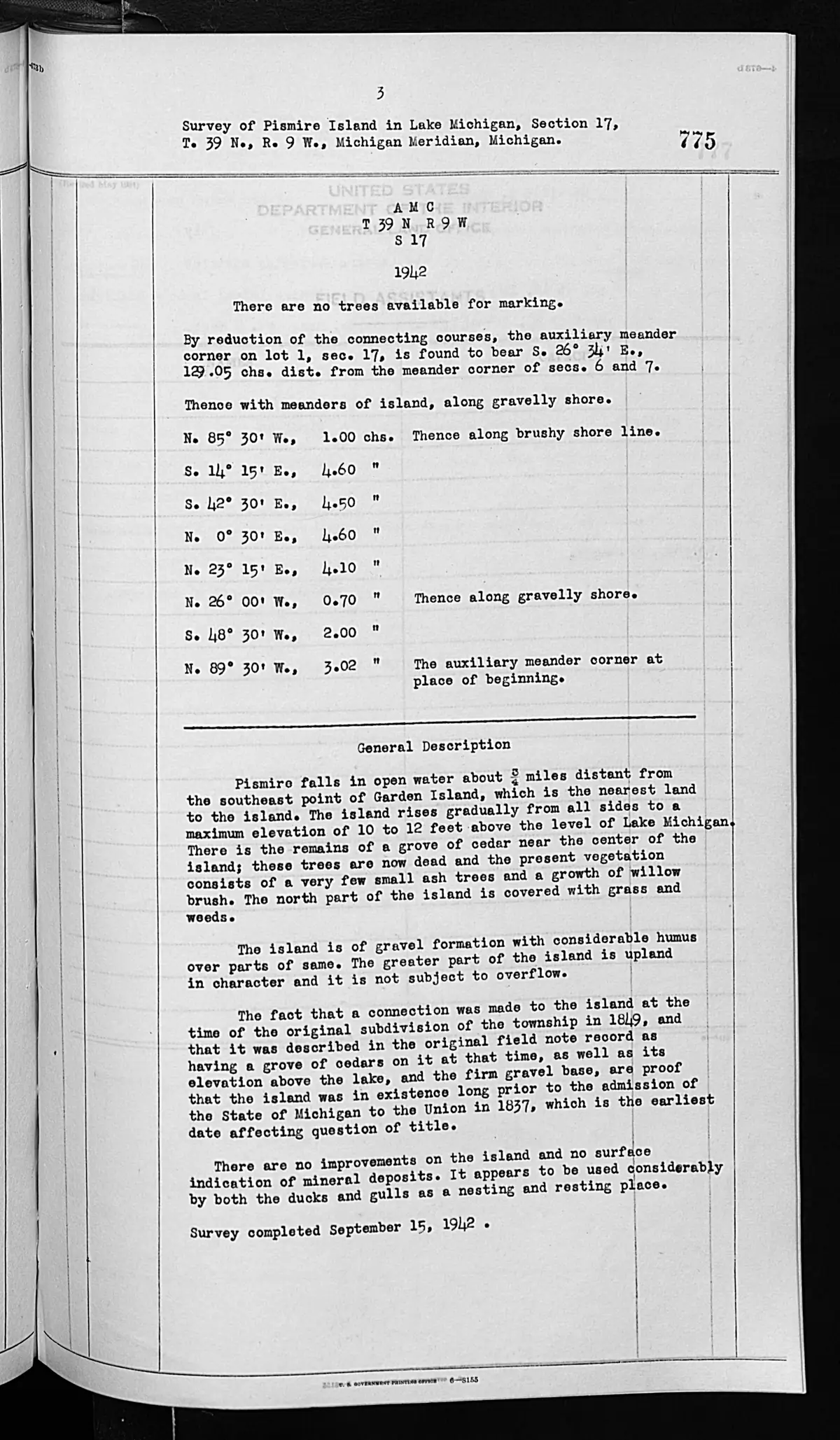 Scanned page: field note volume 276017 page 0775 pismire island general description, held by Bureau of Land Management, General Land Office Records.