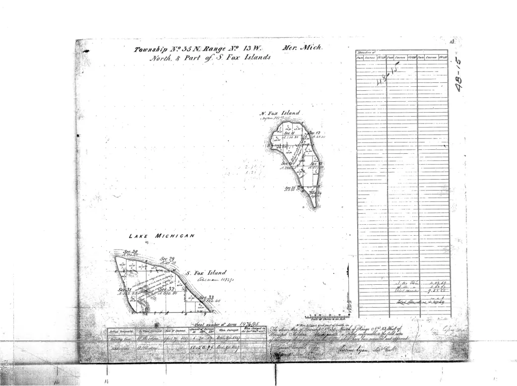 Black-and-white survey plat showing two outlined land areas divided into numbered sections, with tables and annotations.