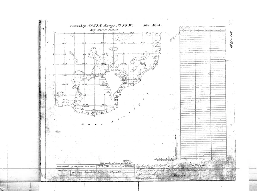 Scanned nineteenth-century land survey plat showing a gridded shoreline map with tables and handwritten annotations.