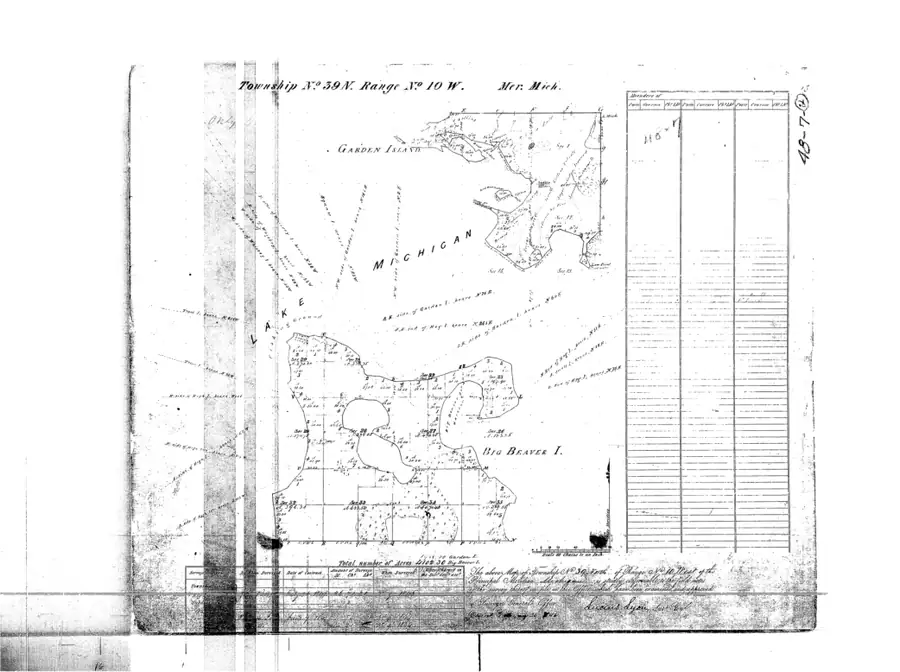 Survey plat showing shorelines, parcel grids, survey notes, and tabular entries.