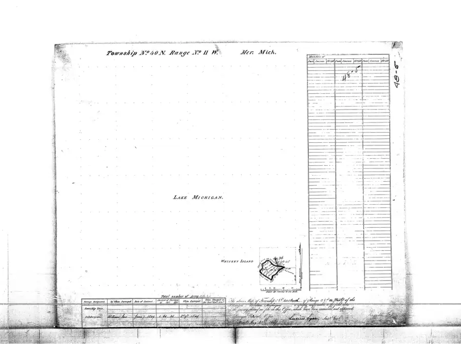 Faded survey plat showing township lines, a small outlined landform, a table, and handwritten notes.