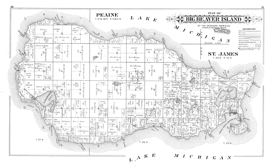 Double-page cadastral plat of Big Beaver Island, 1901, naming the owner