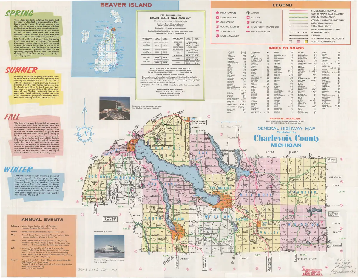 Folded colour highway map of Charlevoix County, Michigan, published for 1965,