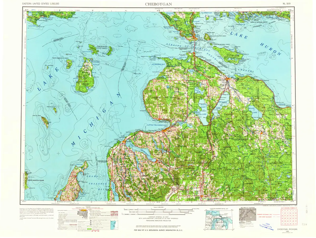 One-page colored topographic map showing a broad waterway, surrounding land, roads, waterways, contours, and map marginalia.