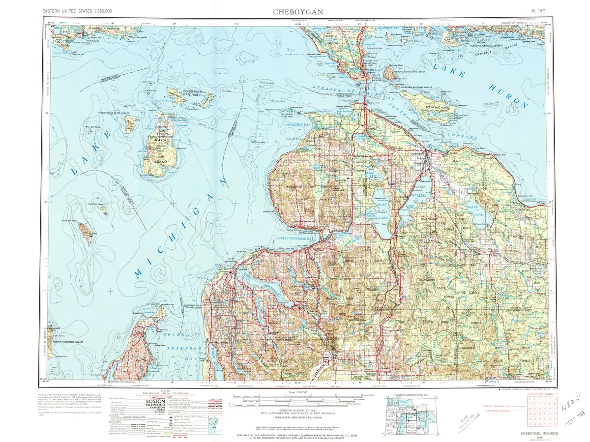 A colored topographic map sheet showing waterways, shorelines, roads, terrain, and surrounding land areas.