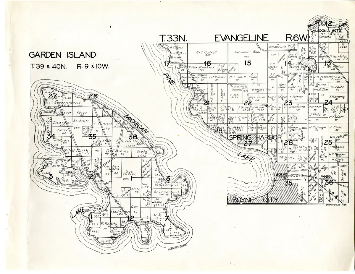 Cadastral plat of Garden Island in the 1930s, naming the owner and acreage