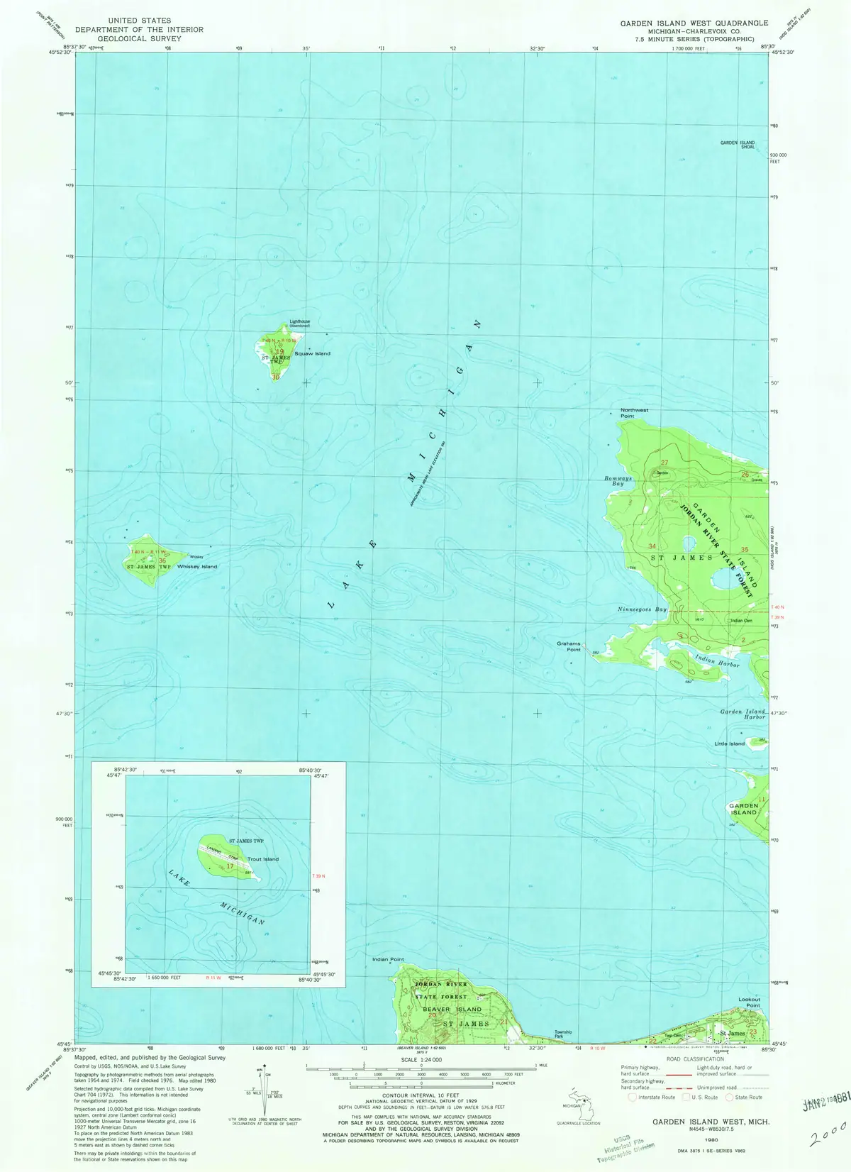 Topographic map showing blue water, green land areas, contour lines, grid lines, legends, and a locator inset.