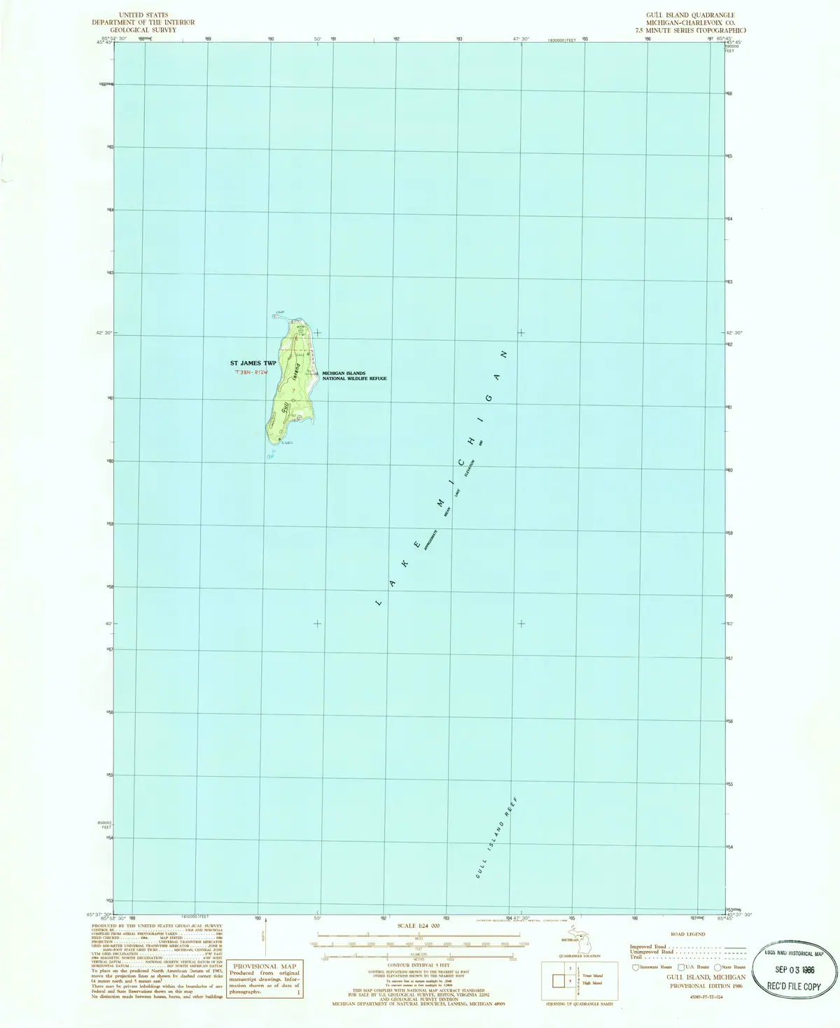 Topographic map showing a small labeled landmass within a gridded expanse of water.