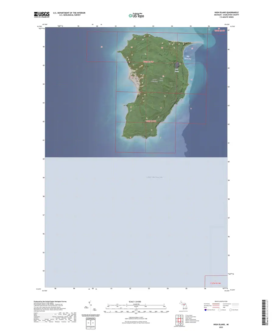 Topographic quadrangle map showing a green landmass, surrounding blue water, coordinate grid, and map marginalia.