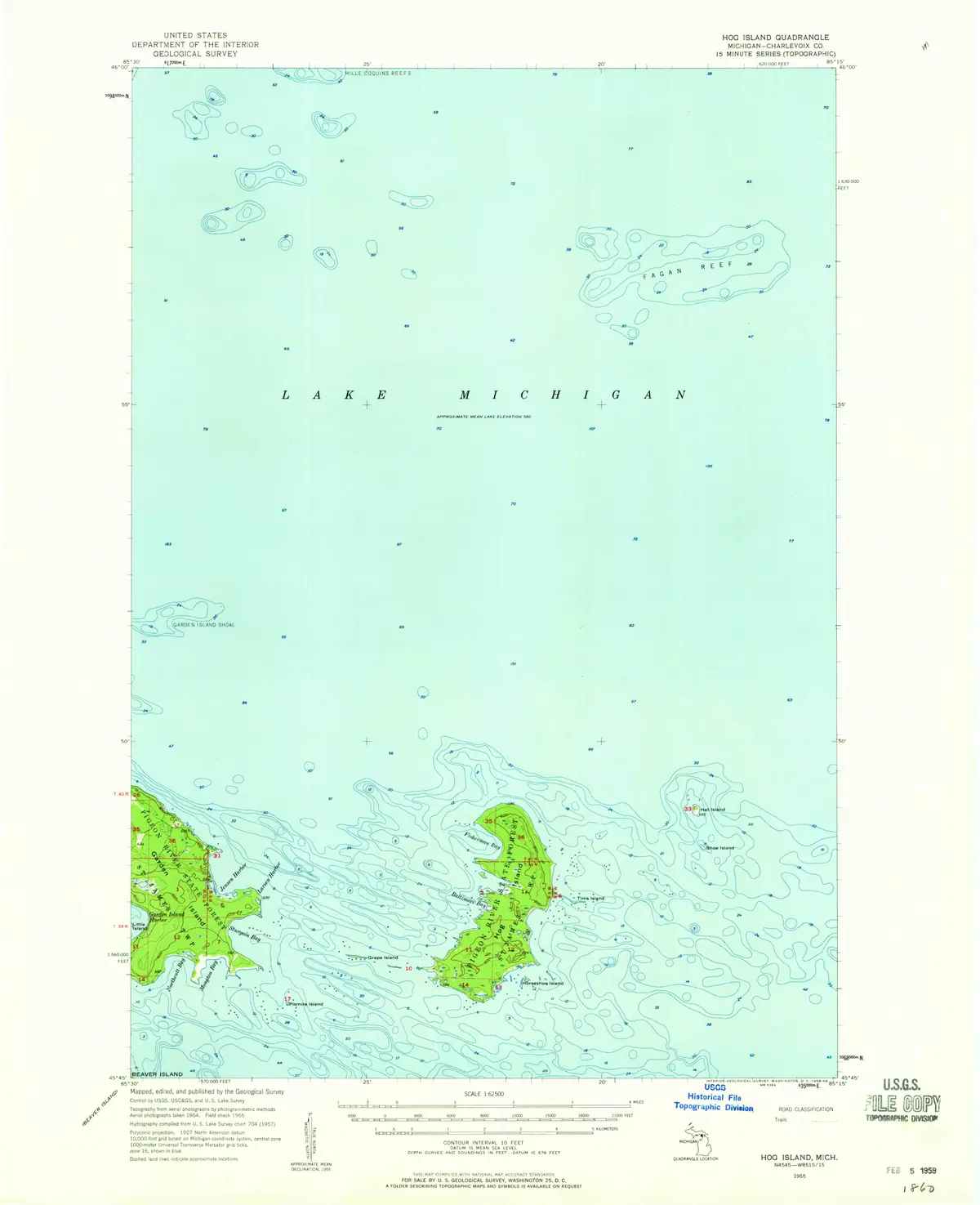 Topographic map showing shorelines, contour lines, water depths, and several small landmasses.