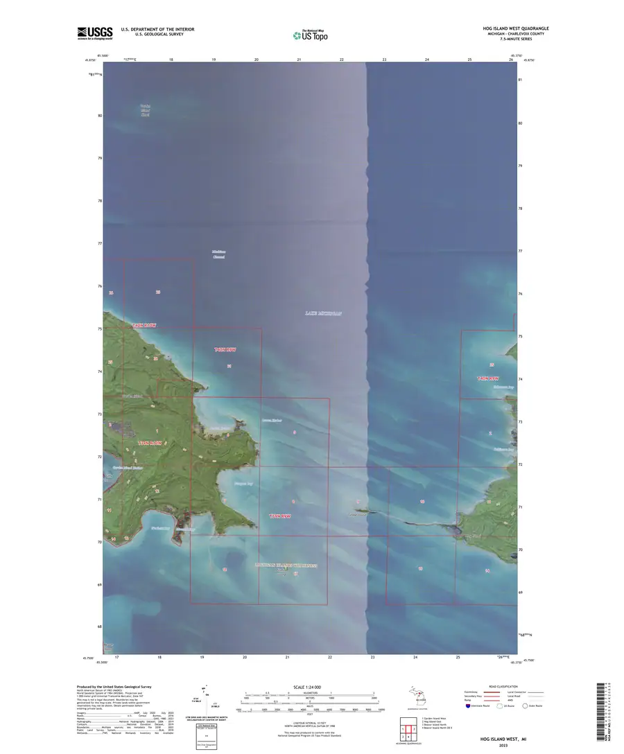 A USGS topographic map page showing shoreline, water, terrain, grid lines, and map marginalia.
