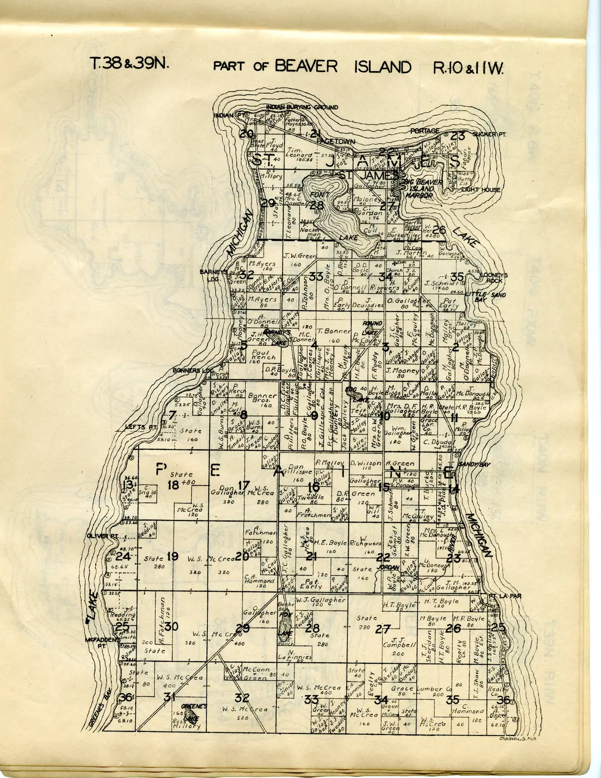 Map: Plat of the north end of Beaver Island, second Hixson printing, held by Michigan State University Libraries, Digital Repository.