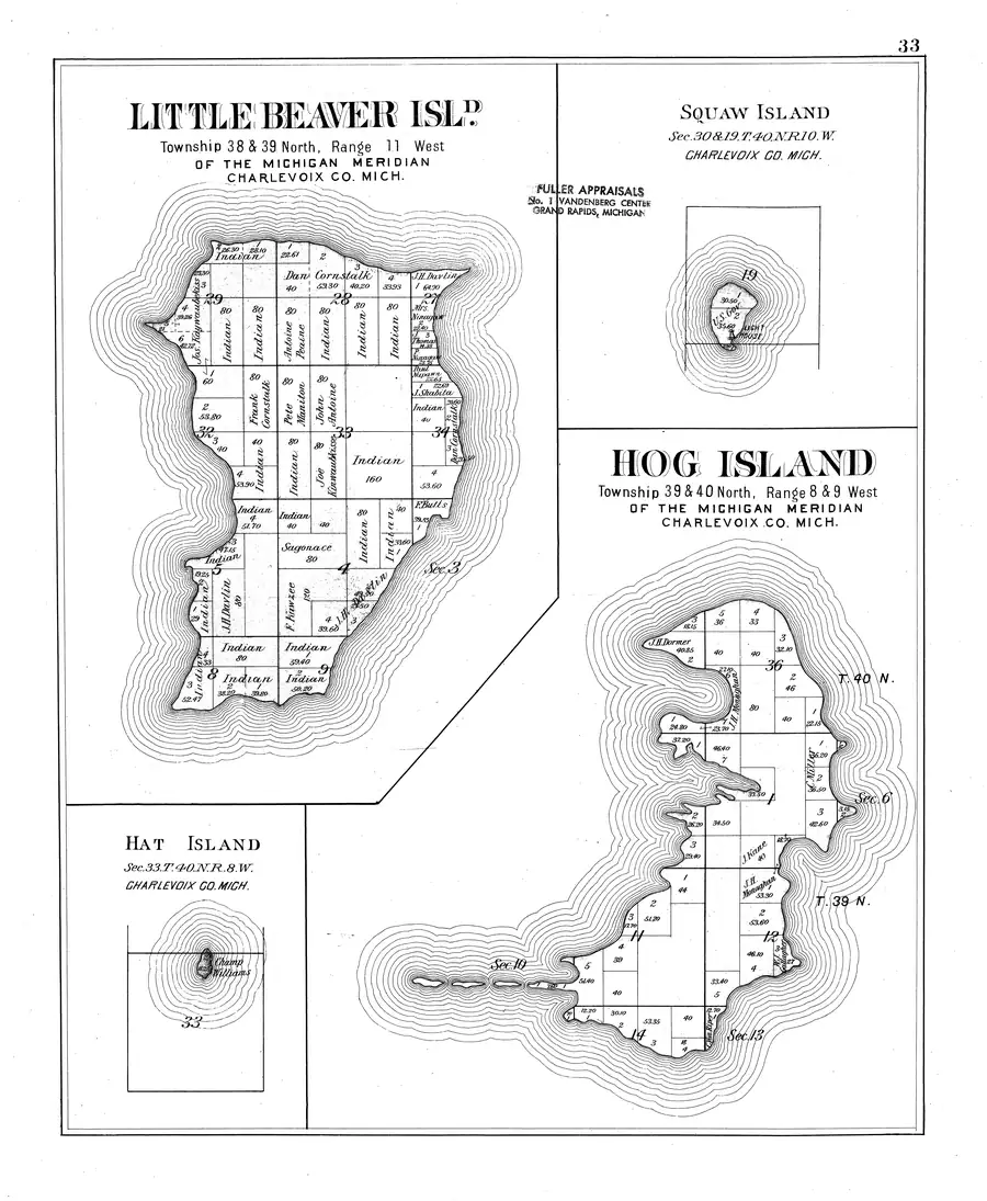 Map: Plats of Little Beaver (High), Squaw, Hog and Hat islands (1901), held by University of Michigan, via the Internet Archive.