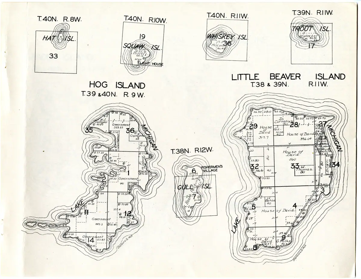 One leaf carrying seven separate cadastral plats of the outer Beaver Islands