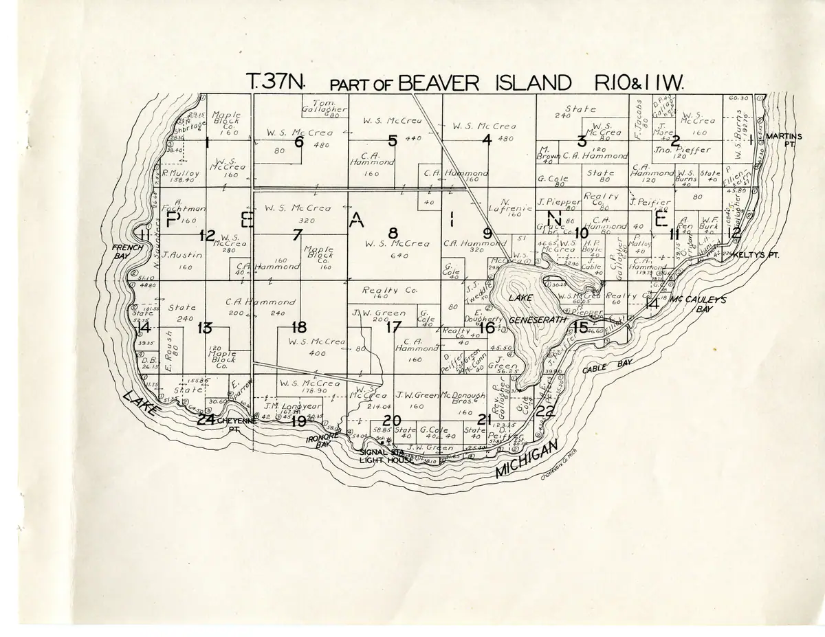 Cadastral plat of the southern third of Beaver Island in the 1930s, naming