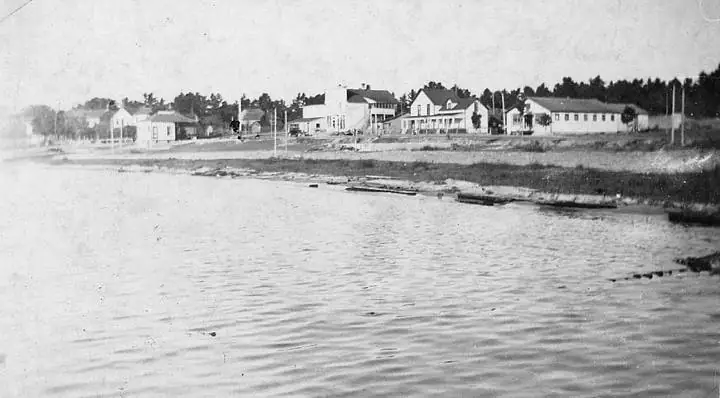Black-and-white waterfront view with rippling water, shoreline buildings, utility poles, and trees.