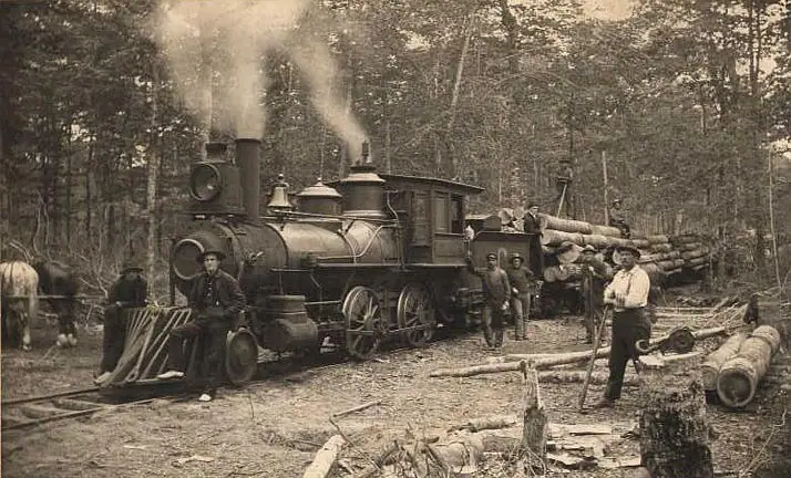 A locomotive and log train stand among workers and horses in a forest clearing.