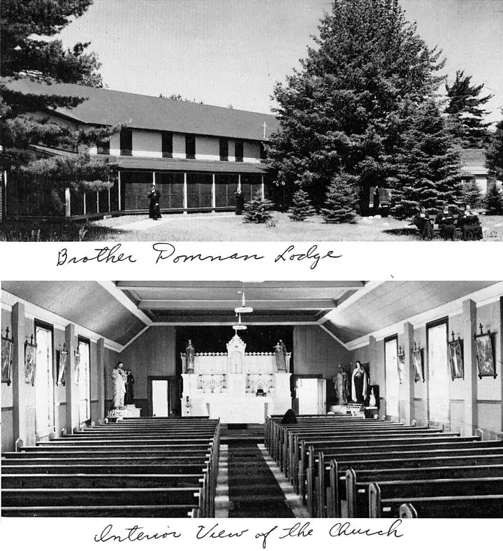 A composite black-and-white image shows a lodge exterior above a church interior with pews and an altar.