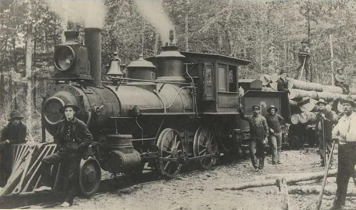 A steam locomotive and log cars stand among trees while several workers pose beside the train.