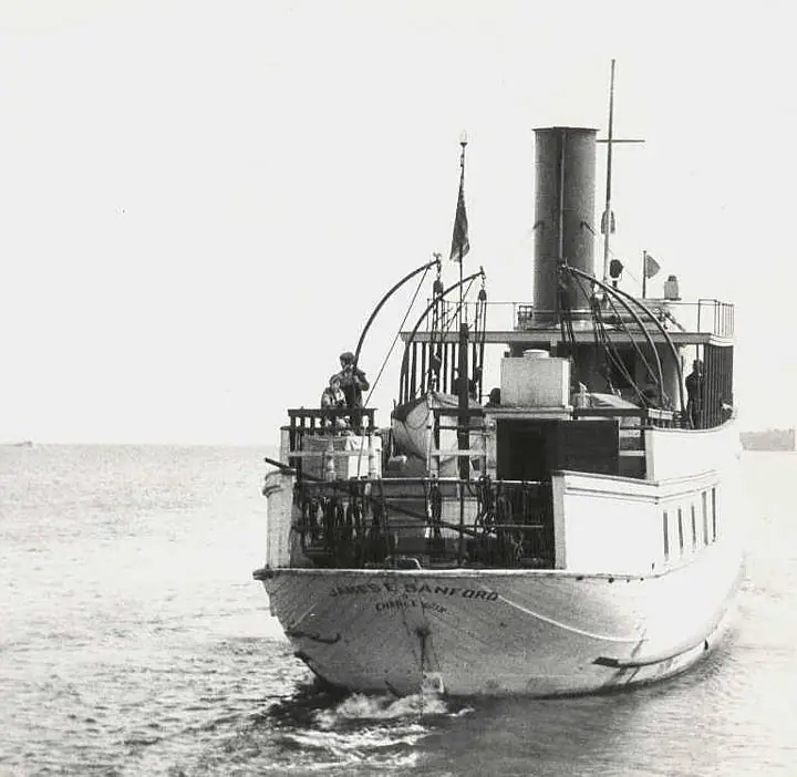 A black-and-white photograph of the steamer James E. Sanford viewed from