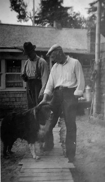 Two men stand with a large dog on a wooden walkway beside a shingled building.