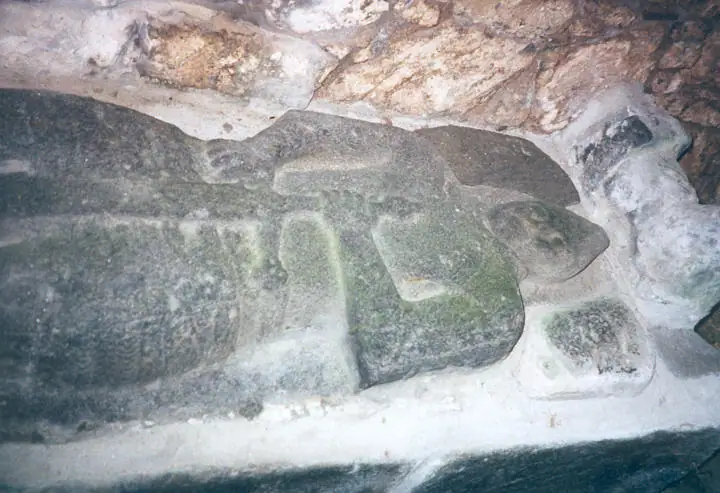 Close-up of a weathered dark stone relief depicting an elongated animal-like figure.