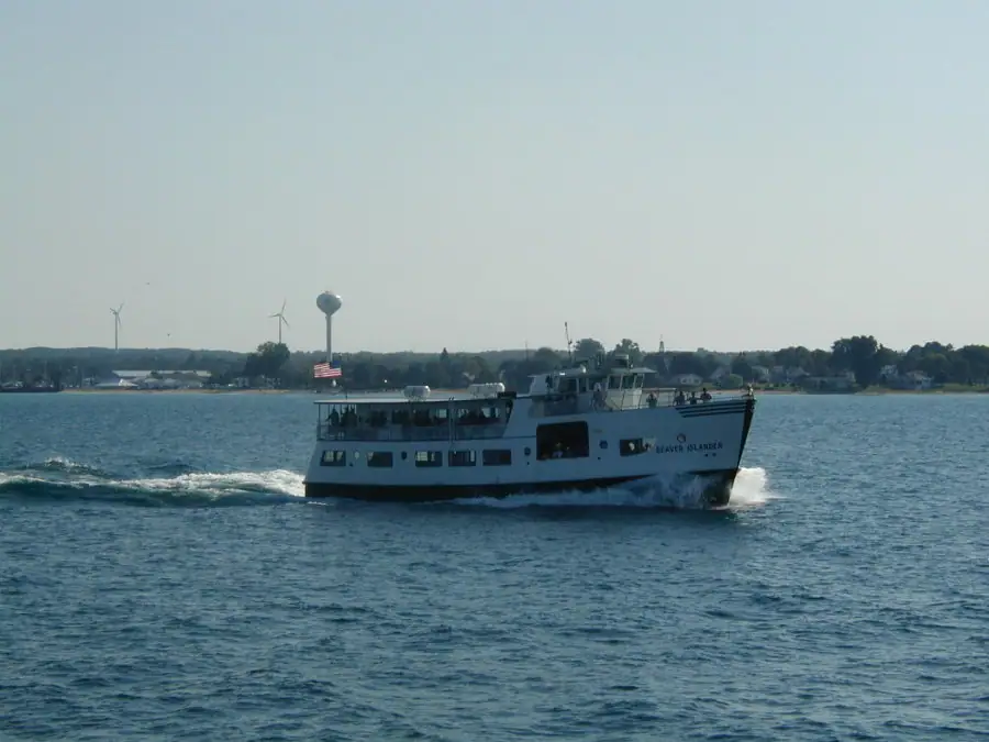 A colour photograph of the ferry Beaver Islander under way on blue water,