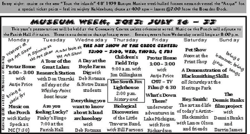 Black-and-white Museum Week flyer with a seven-day event schedule and a cruise advertisement.